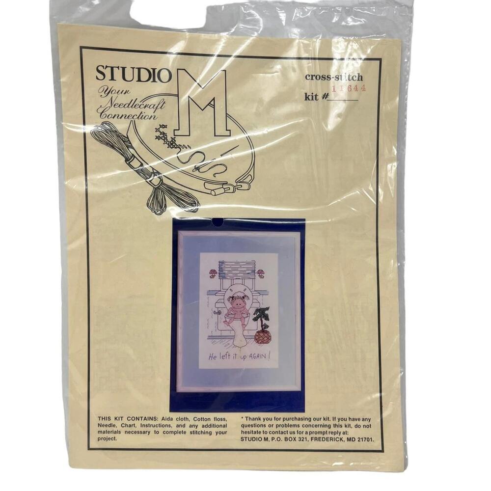 Studio M Cross-Stitch Kit #11644 Little Girl on Toilet "He Left It Up Again" NEW